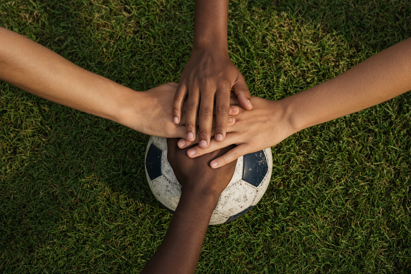 Players’ hands stacked on a soccer ball
